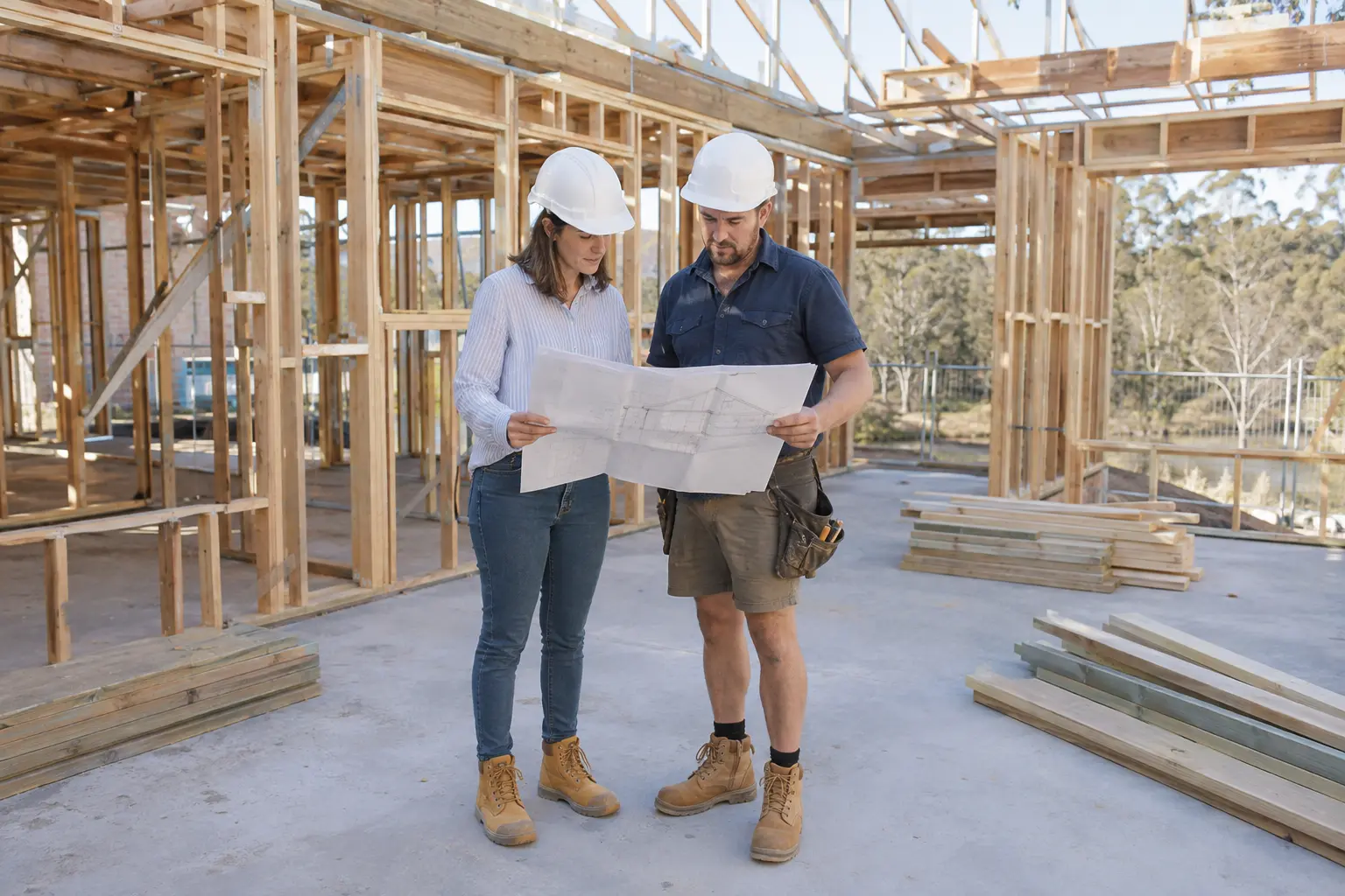 Australian homeowner and builder reviewing plans at a residential construction site