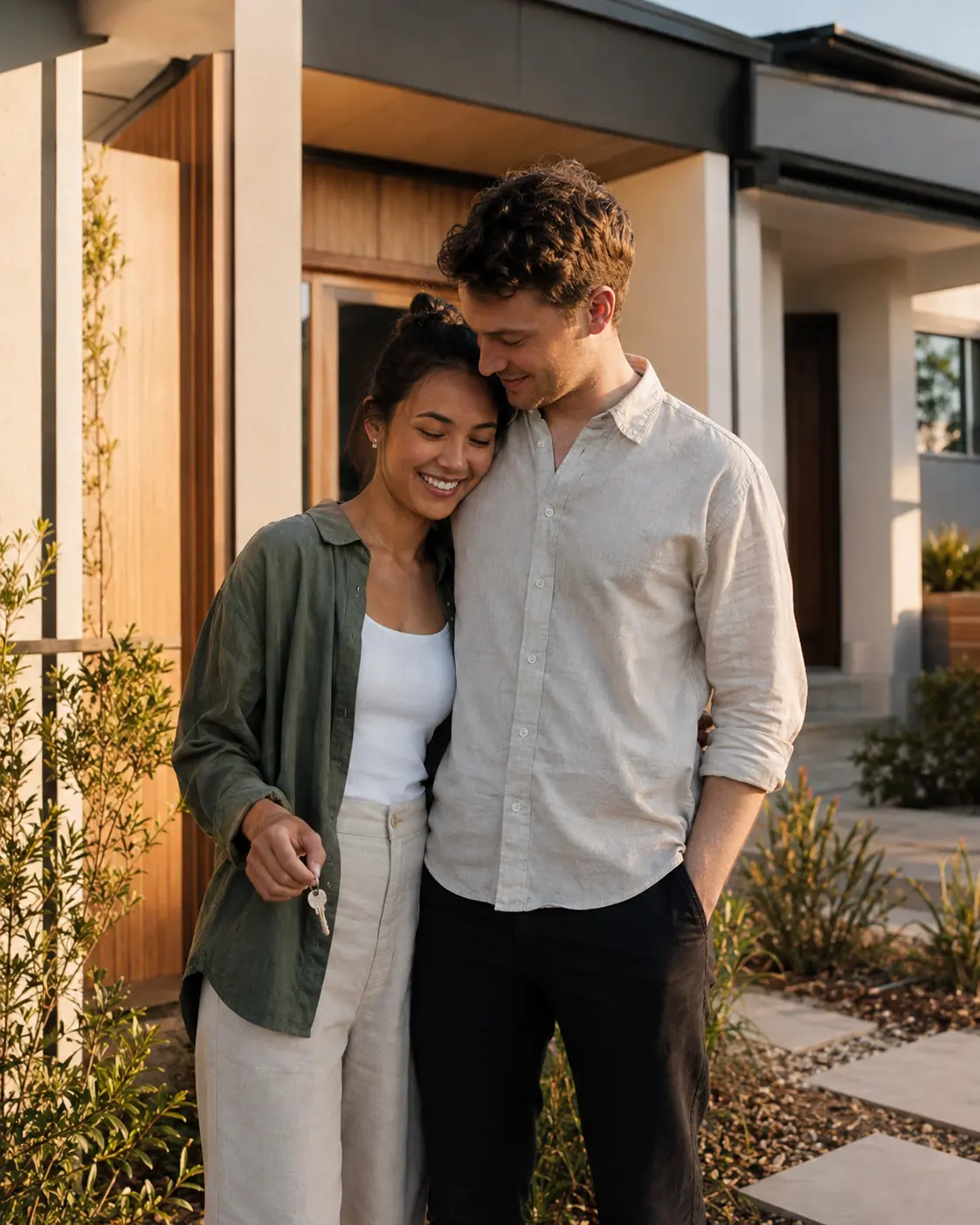 Young Australian first-home buyers holding their new-home keys