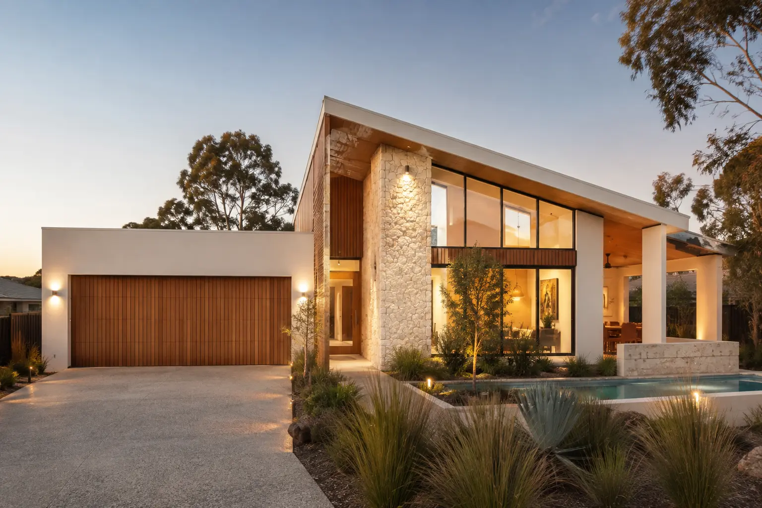 Contemporary Australian home with natural stone, timber and native landscaping