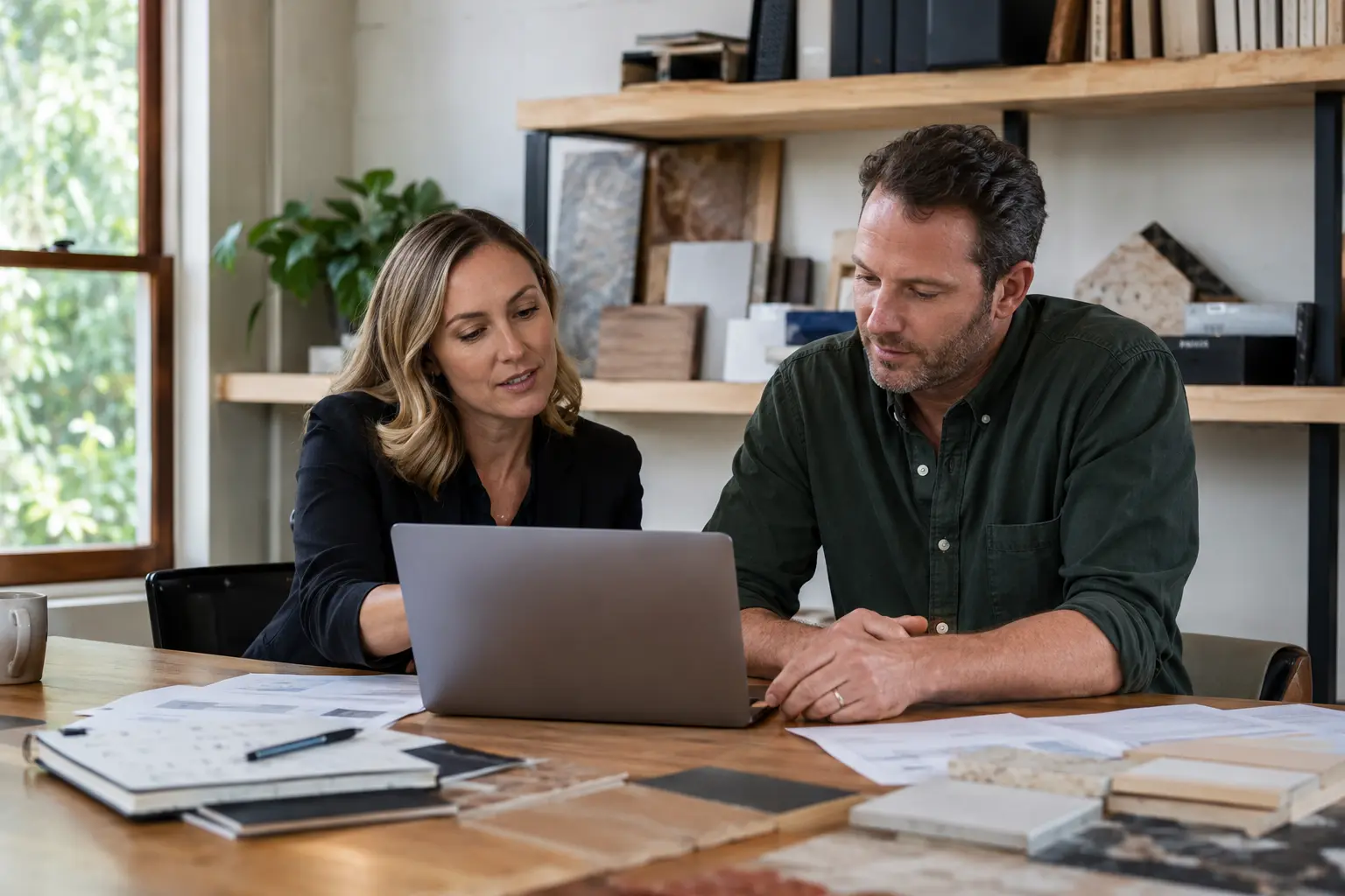 Self-employed Australian business owner reviewing financial records with an adviser